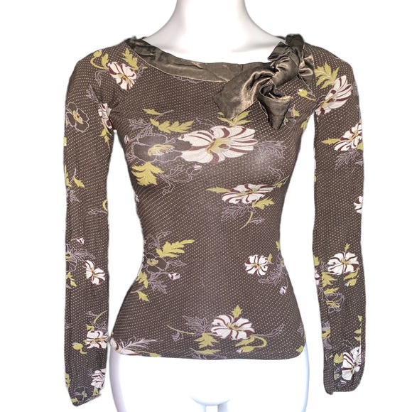 Retro Y2K Cote Femme Bateau Floral Neck Tie Stretch Top - Picture 6 of 8